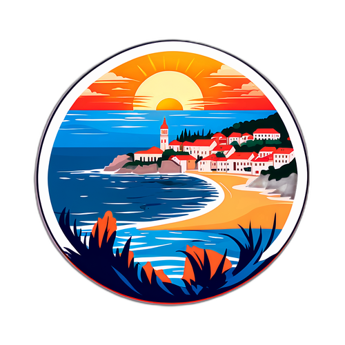 Κροατική ακτή με ηλιοβασίλεμα και θάλασσα σε πολιτιστική απεικόνιση