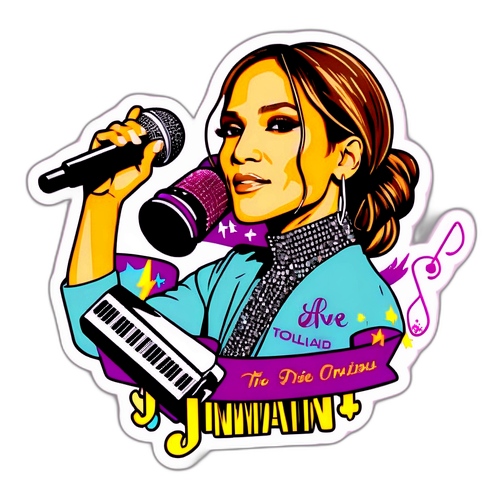 Diseño de etiqueta representando a Jennifer Lopez con elementos musicales