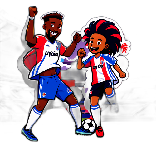 Карикатурні футбольні персонажі з Ліона та Ніцци святкують разом у кольоровому стадіоні