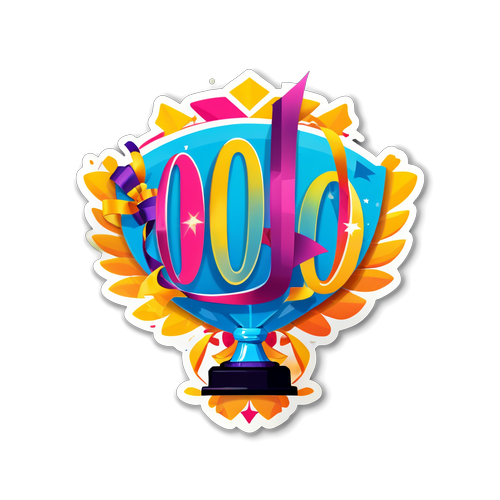 Masayang Sticker ng Bilang na 100 na may Tropeo at Streamers