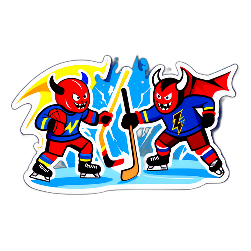 Cartoonish Lightning Bolts vs. Playful Devils Hockey Match
