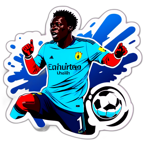 Een sticker van Onana die een penalty redt, met een dramatische achtergrond