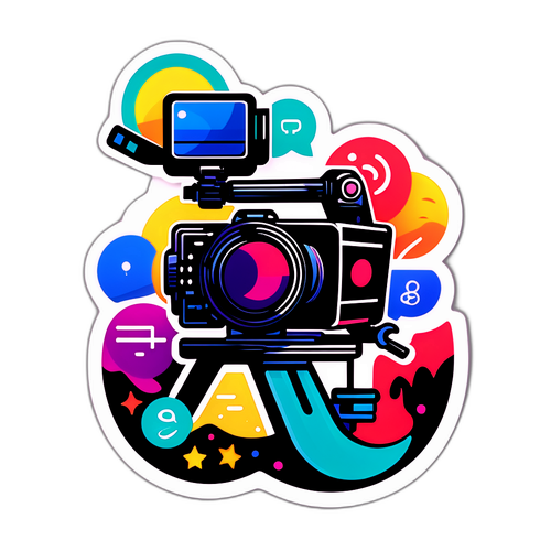 Navrhněte sticker spojující Dimi Moory s jazykovými ikonami a symboly kinematografie