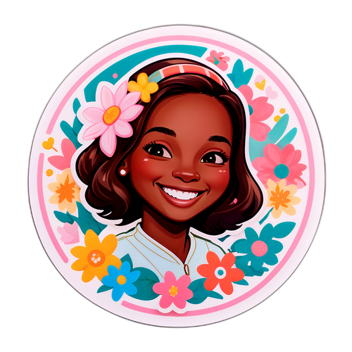 Una pegatina de Renee Good sonriendo, adornada con flores y colores suaves