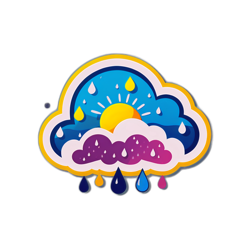 Autocollant représentant un nuage avec des gouttes de pluie, symbolisant une alerte aux inondations, dans des couleurs vives.