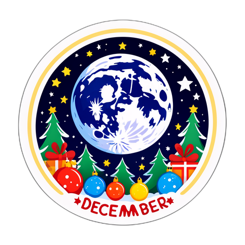 Diseño de sticker del mes de diciembre con luna llena y decoraciones navideñas