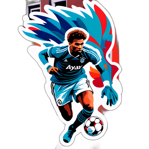 Stiliserad profil av en Ajaxspelare i rörelse med en konstnärlig bakgrund av Amsterdams gator