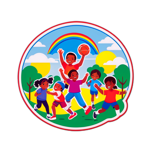 Adesivo Colorato di Bambini che Giocano nello Sport