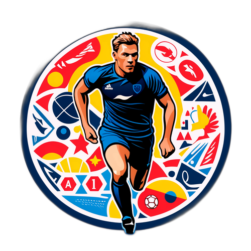 Stilisert representasjon av Marius Borg Høiby med sportsymboler