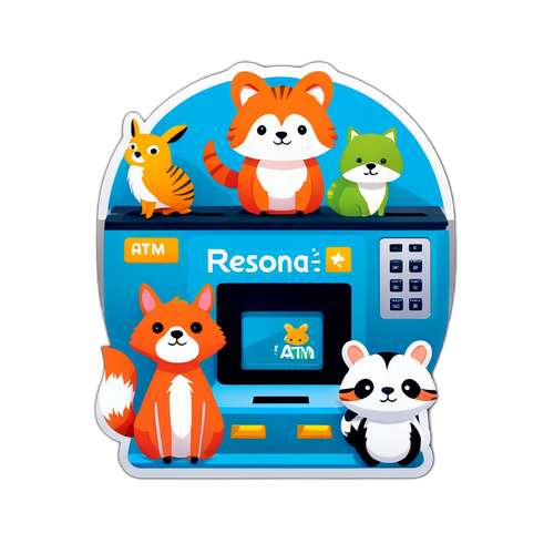 かわいい動物がResona BankのATMを使っているイラスト