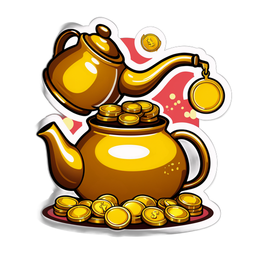 सोने के सिक्के वाली चाय की केतली का कार्टून स्टिकर