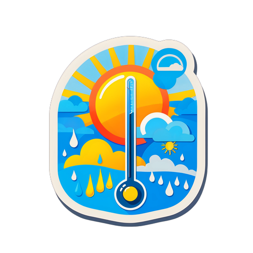 Tem dán đồng hồ thời tiết với nhiệt độ và biểu tượng mặt trời, mưa