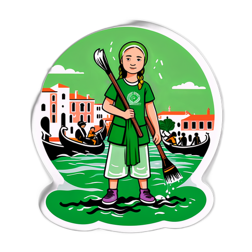 环保活动家格蕾塔·通贝里在威尼斯大运河染绿的贴纸
