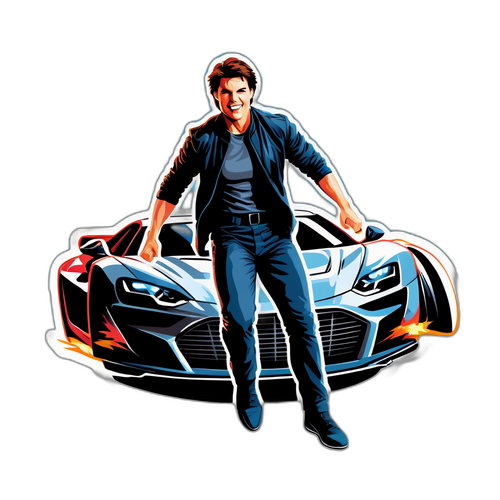 Tom Cruise i en spännande pose med bil i hög hastighet