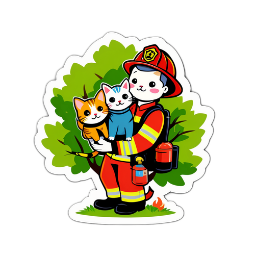 Palomies-teemainen tarra, jossa palomies pelastaa kissoja puusta