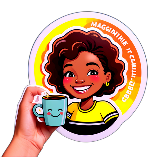 מדבקה עליזה של מגי טביבי שמחזיקה כוס קפה