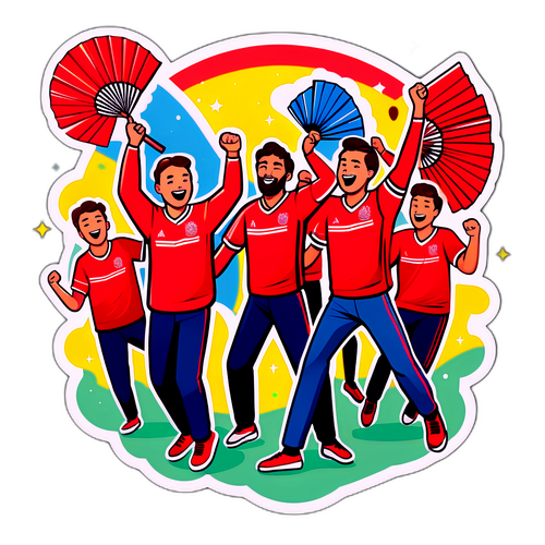 Ilustrație colorată a fanilor din Aberdeen, dansând și sărbătorind victoria