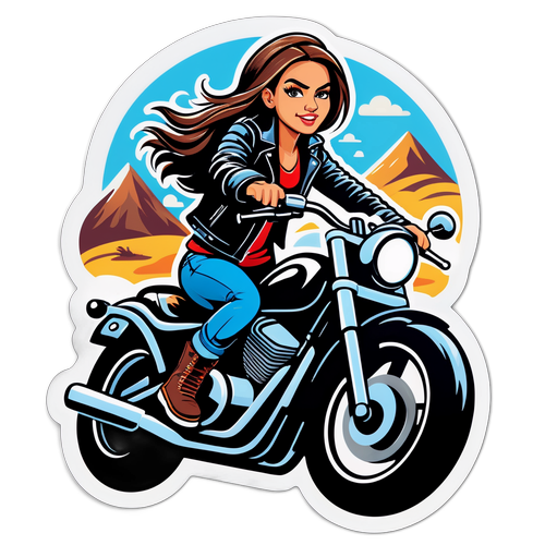 Μια διασκεδαστική και χαοτική αυτοκόλλητη απεικόνιση μιας κοπέλας μοτοσικλέτας