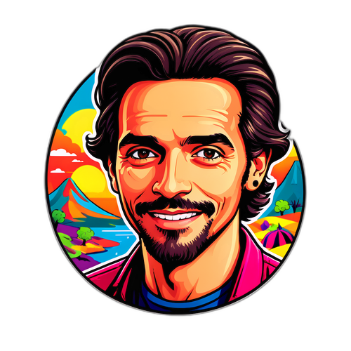 Autocolant cu Filipe Coelho în peisaj festivalier vibrant