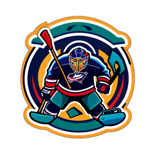 A dynamic hockey sticker featuring a goalie