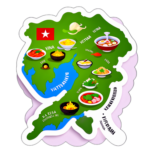 Sticker bản đồ Việt Nam với các món ăn đặc trưng