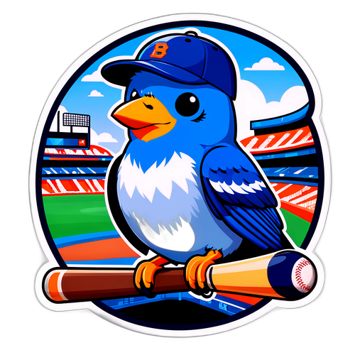 野球帽をかぶったバットを持つ青い鳥のデザイン