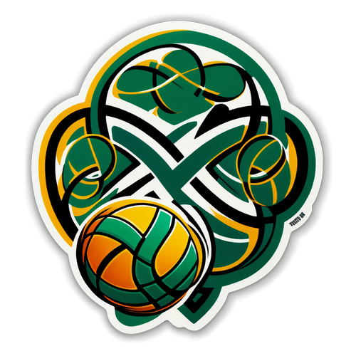 Isang makulay na sticker na naglalarawan ng Celtic knot na nakabuhol sa basketball