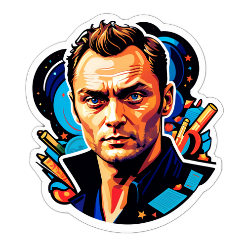 Portrait stylisé de Jude Law avec éléments de cinéma et glamour