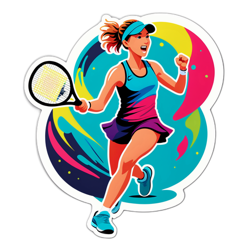 Sticker ontwerp van Elise Mertens die tennis speelt met dynamische beweging en levendige kleuren