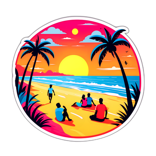 Vibrante sticker van Muscarstraat met mensen die van het strand genieten