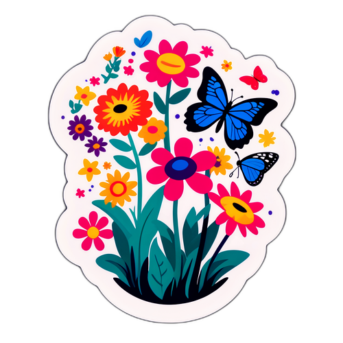 Artistic Garden Sticker with Colorful Flowers and Butterflies