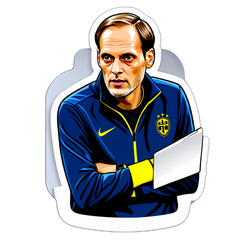 Design a modern sticker featuring Thomas Tuchel with a tactical clipboard, showcasing his strategic mind in football coaching.