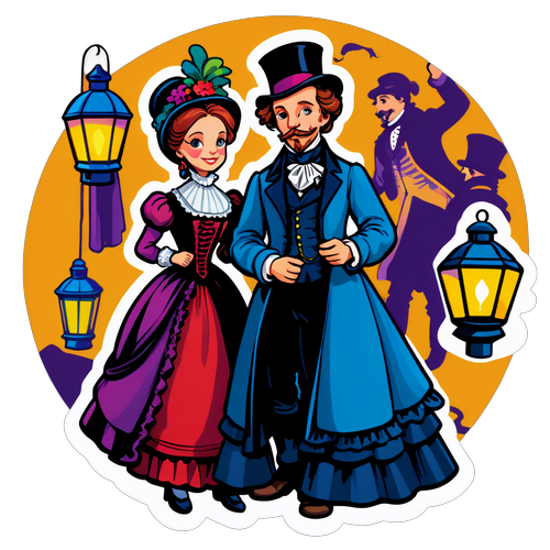 Sticker van een kleurrijk Dickens Festival met mensen in Victoriaanse kleding en lantaren