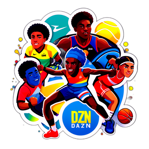 Εκθαμβωτικό αυτοκόλλητο με το λογότυπο DAZN και αθλητές από διάφορα σπορ