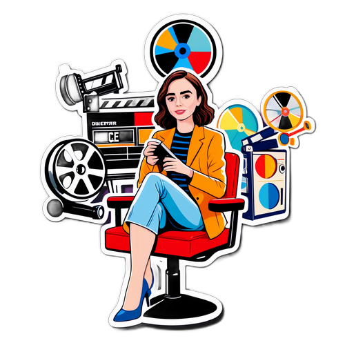 Ilustracja Lily Collins w otoczeniu filmowych atrybutów