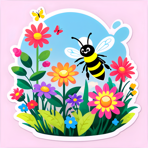 Charming Garden Illustration with Flowers, Butterflies, and Bee