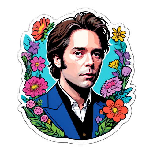 Create a nature-themed sticker of Rufus Wainwright with flowers and musical elements intertwined, expressing creativity.