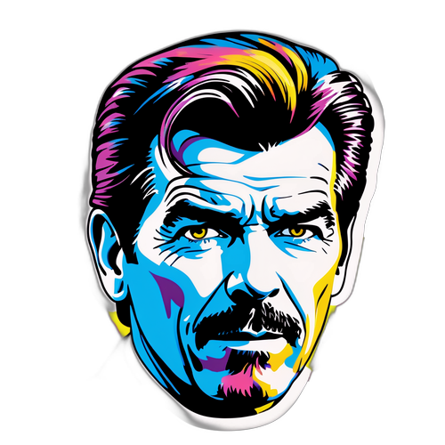 Stylizovaná nálepka Pierce Brosnana v pop art formátu