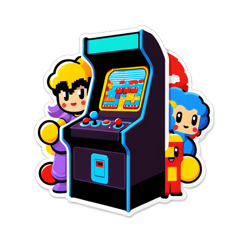 Retro Arcade Game Scene with Pixel Art Characters