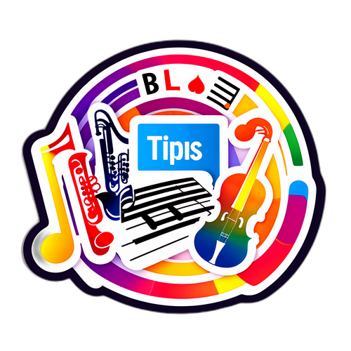 Farverig sticker med Tipsbladet logo og musik elementer