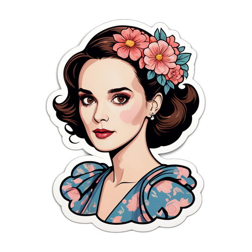 Stylový sticker s Winonou Ryderovou v retro make-upu a šatech s jemnou květinovou dekorací