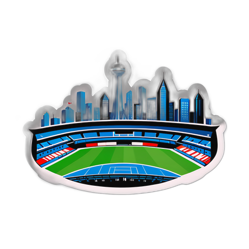 Stylizovaná panorama s městskou siluetou během fotbalového zápasu v Konferenční lize