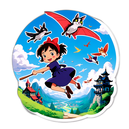 可愛いデザイン：『魔女の宅急便』のキャラクターが空を飛ぶシーン