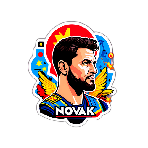 Sticker mit Roman Novaks Unterschrift und symbolischen Elementen seiner Karriere
