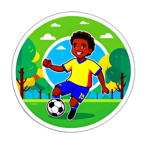En lekfull illustrasjon av Joao Pedro som spiller fotball i parken