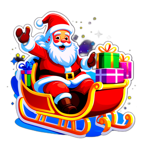 Дизайн новогодних праздников: Санта-Клаус на санях с яркими огнями и подарками