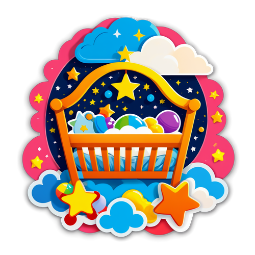 Autocollant représentant un berceau avec des jouets colorés