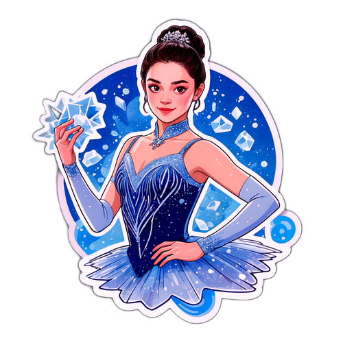 Стикер с Евгенией Медведевой в костюме для выступления, окружённой блёстками и льдом