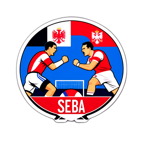 Sporteseményeket bemutató matrica a Szerbia és Albánia közötti feszültség és rivalizálás hangsúlyozásával