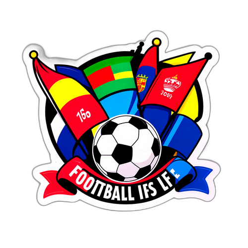 Наклейка с яркими флагами команд и надписью 'Футбол — это жизнь!'